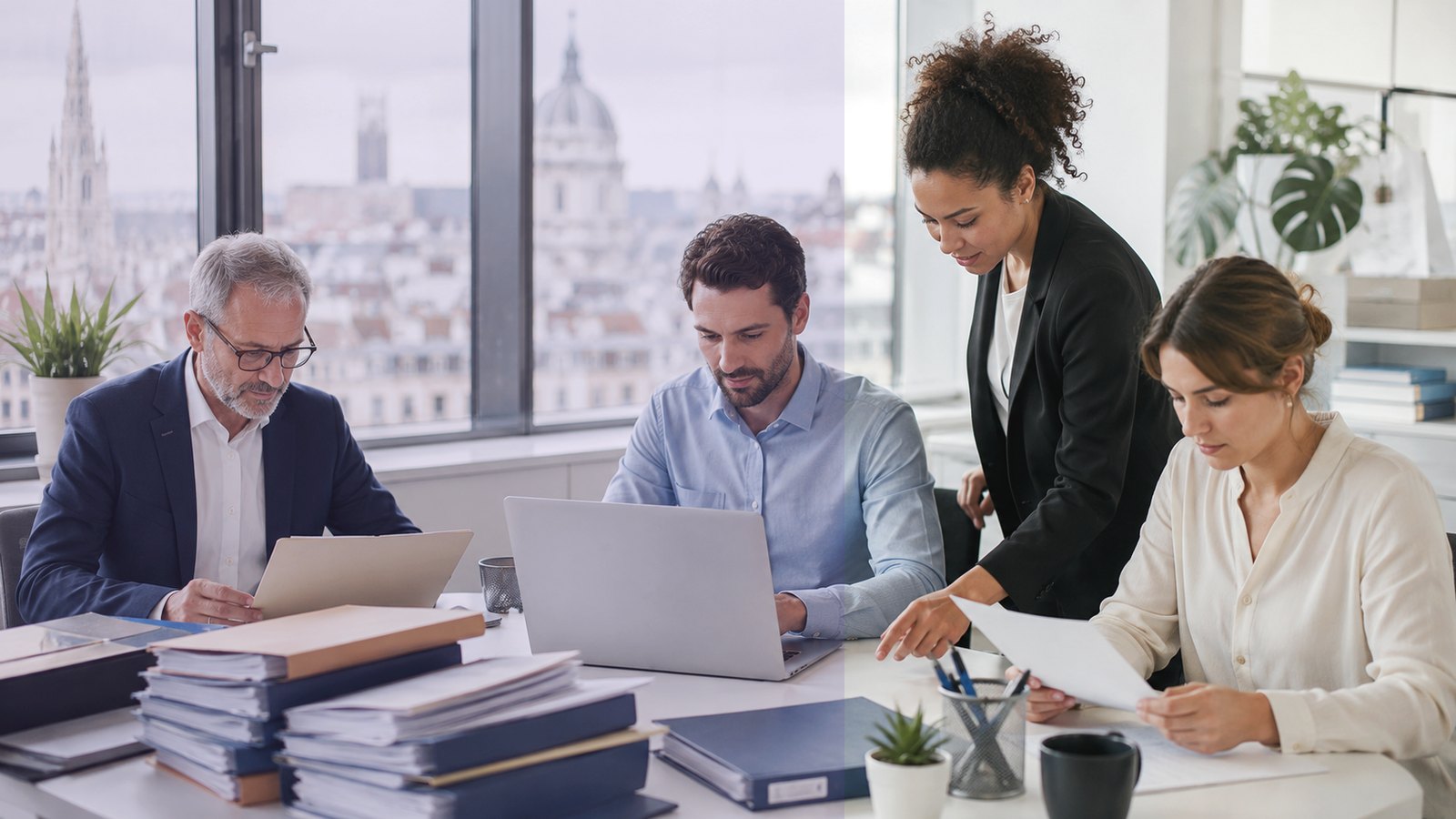 Professionnels analysant des documents dans un bureau